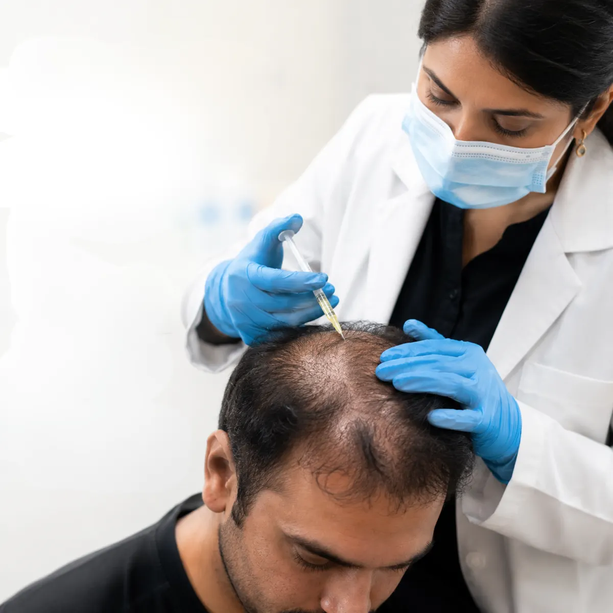 A clinician injecting the thinning crown of a seated man.
