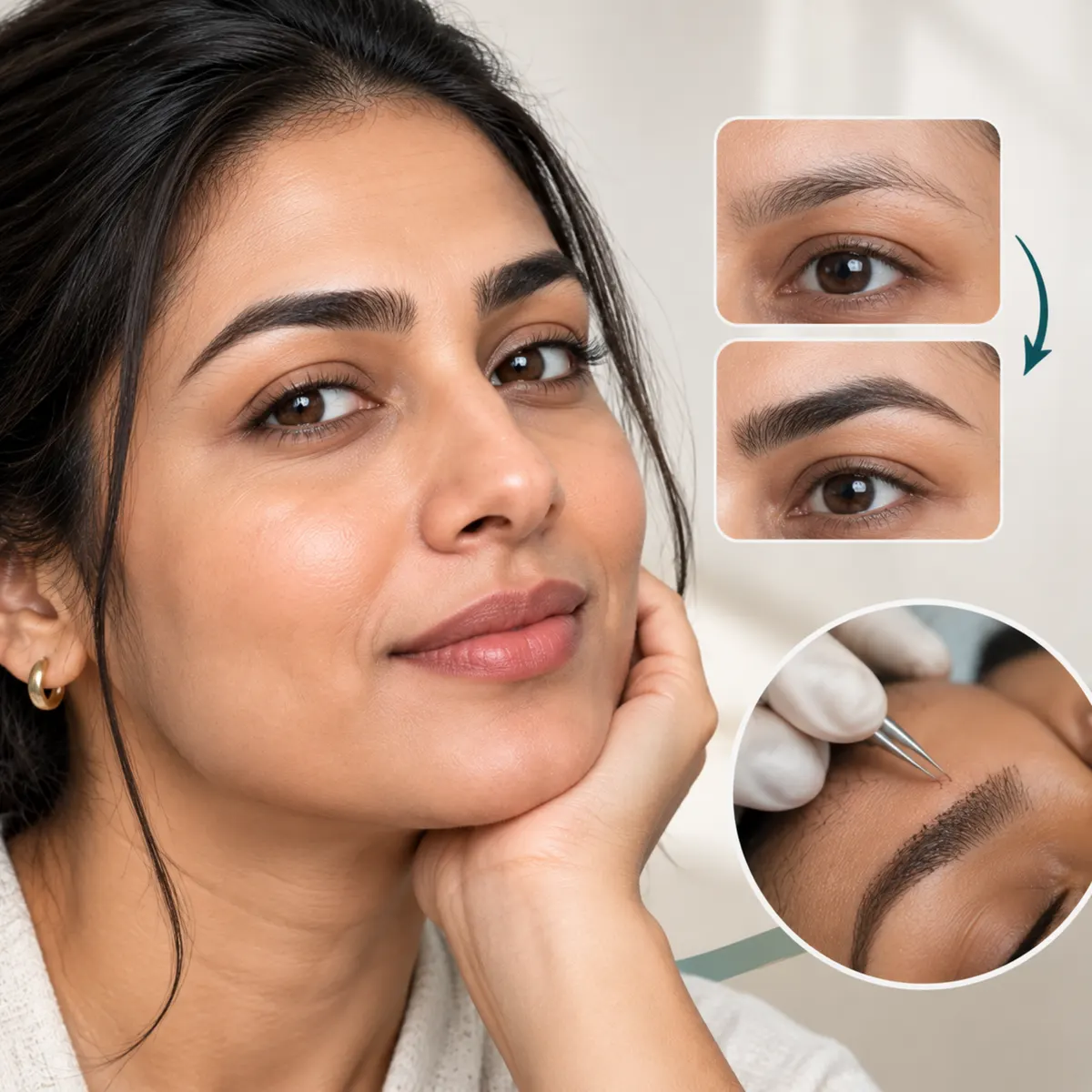 A woman with defined eyebrows beside close-up insets of an eyebrow being treated.
