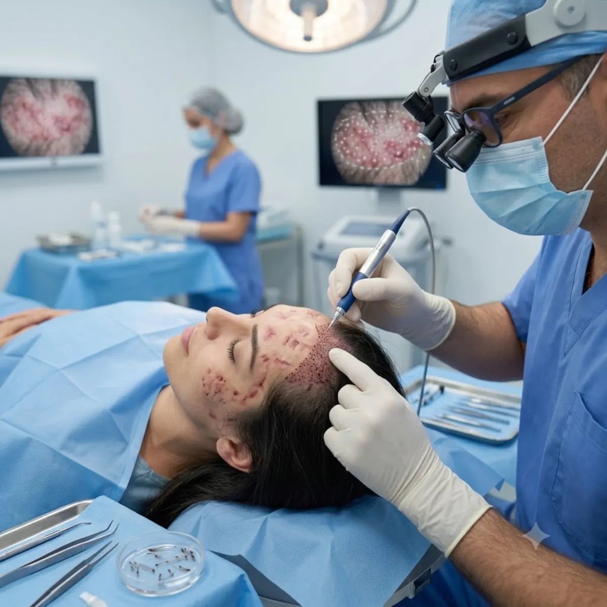 A surgeon in loupes working along a reclining patient’s freshly marked hairline.