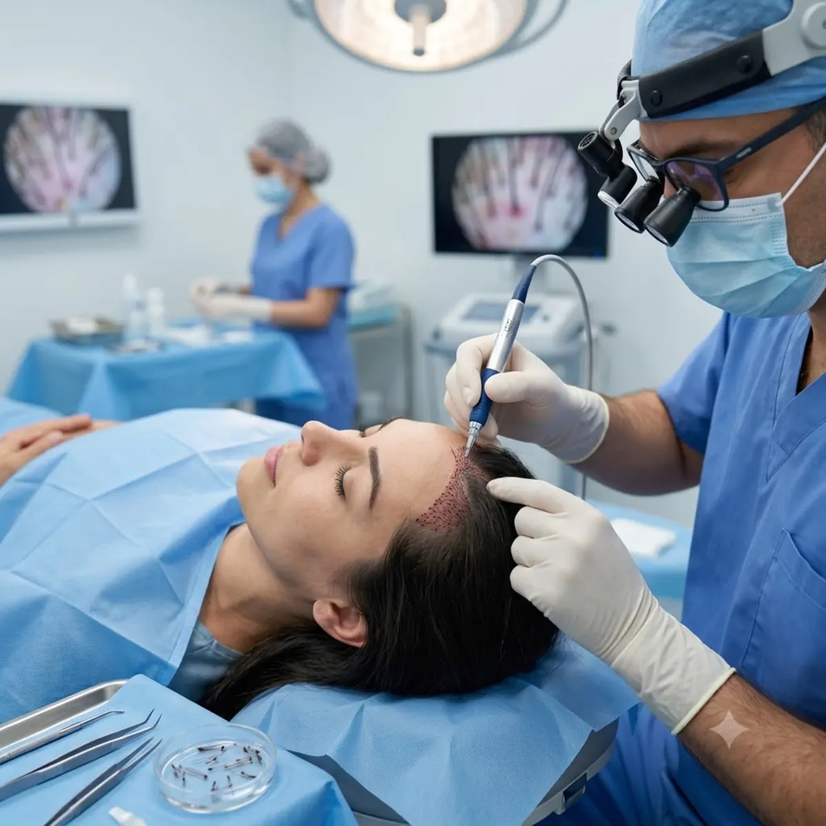 A surgeon in loupes placing grafts along a reclining woman’s hairline.