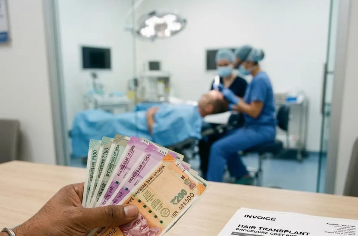 A hand holding Indian rupee notes in front of a blurred procedure room, with an invoice on the desk.