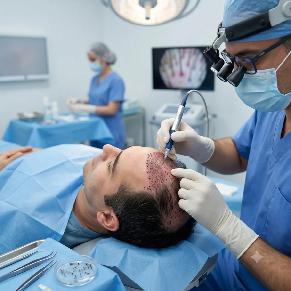 A surgeon in loupes placing grafts along a reclining man’s hairline, with a scalp image on the monitor behind.