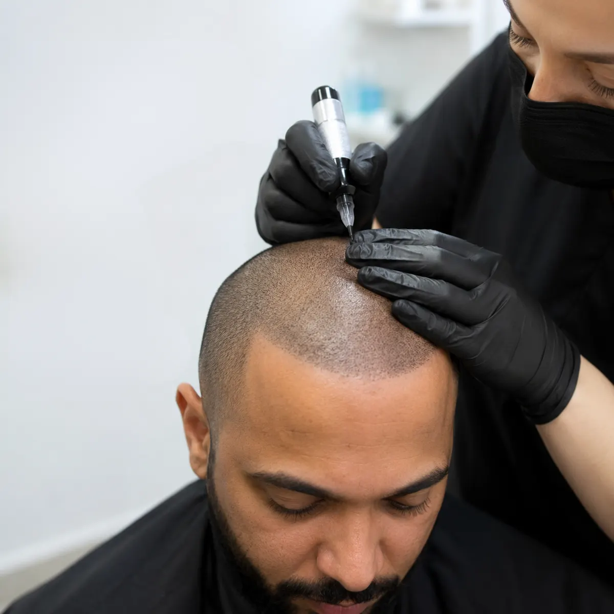 A man with a closely shaved head while a technician applies scalp micropigmentation with a fine pen.
