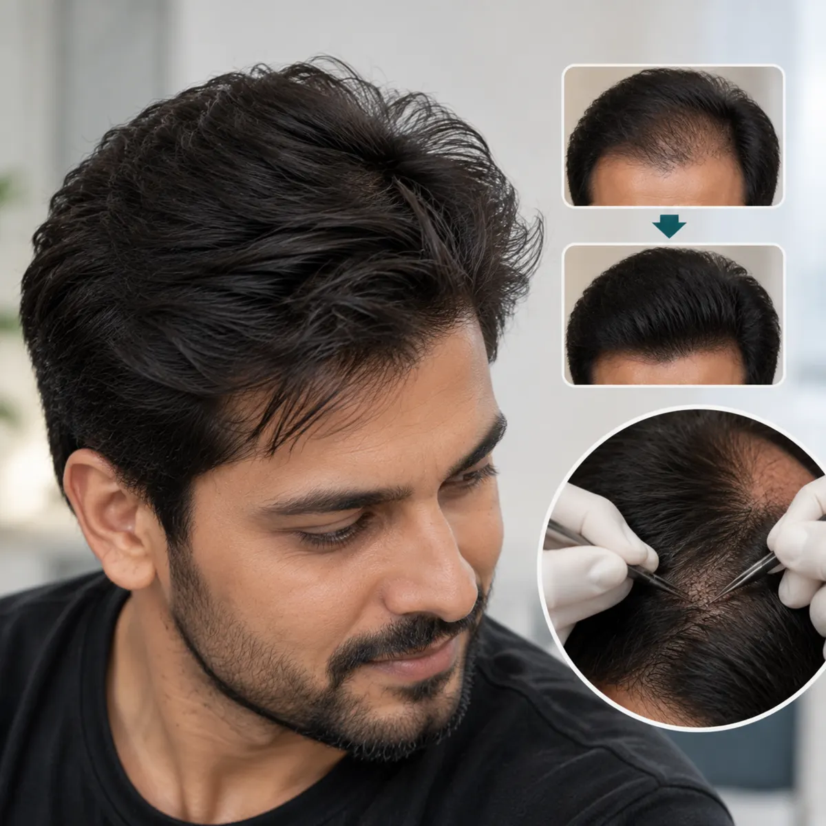 A man with a full, styled hairstyle looking down, beside inset close-ups of a hairline and a scalp being examined.
